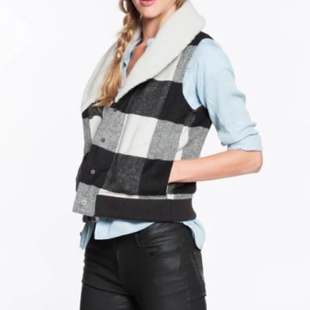 Marine Layer Women Large Black White Buffalo Check Wool Blend Sherpa Vest